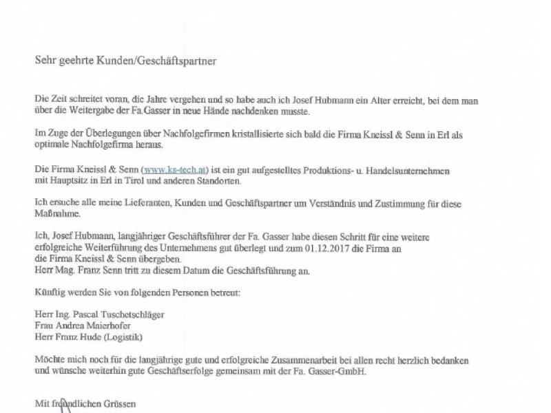 Firmen&uuml;bernahme Gasser &ndash; Handel mit Gie&szlig;erei und Stahlwerksbedarf GesmbH